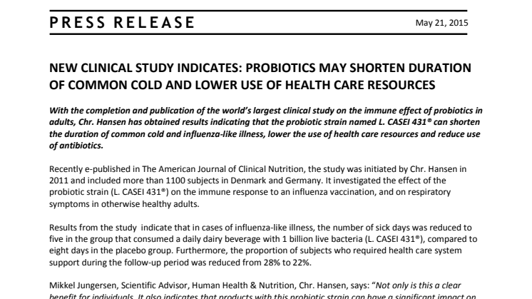 New clinical study indicates: probiotics may shorten duration of common cold and lower use of health care resources
