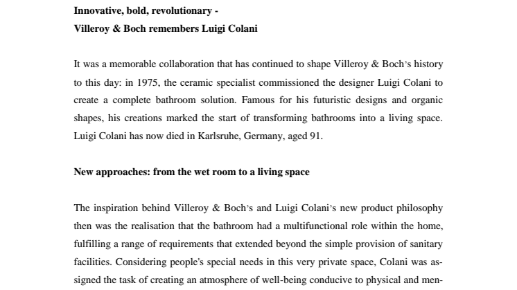 Innovative, bold, revolutionary -  Villeroy & Boch remembers Luigi Colani 