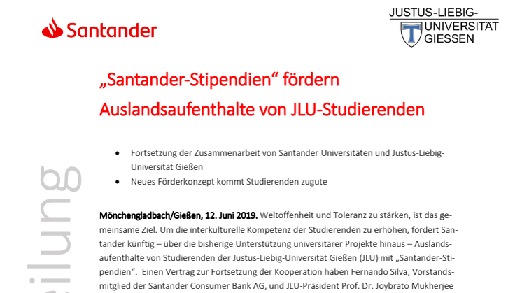 „Santander-Stipendien“ fördern Auslandsaufenthalte von JLU-Studierenden