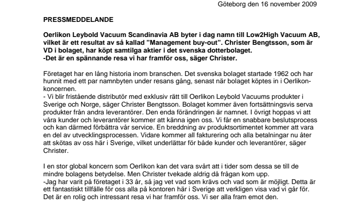 Oerlikon Leybold Vacuum Scandinavia AB blir Low2High Vacuum AB