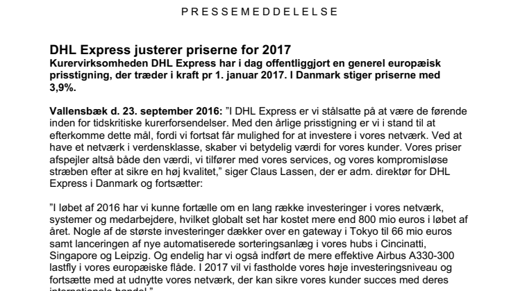 DHL Express justerer priserne for 2017