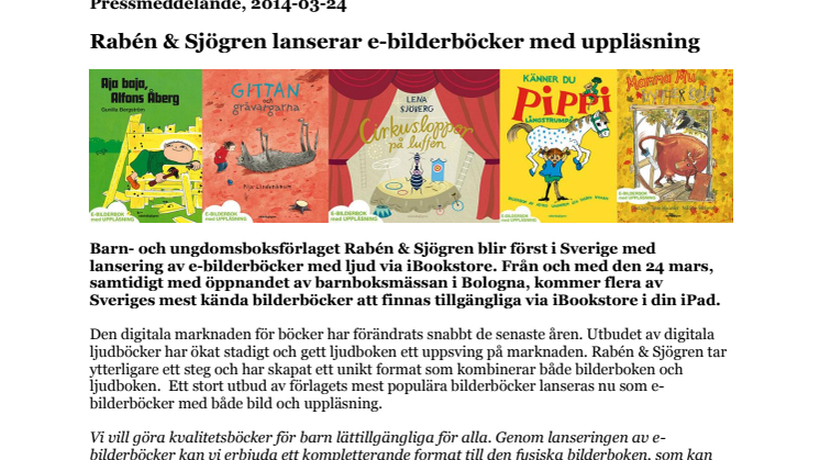 Rabén & Sjögren lanserar e-bilderböcker med uppläsning