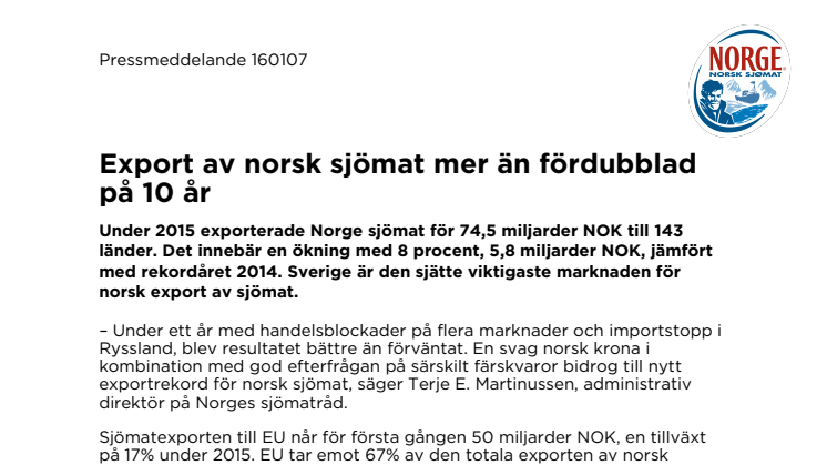 Export av norsk sjömat mer än fördubblad på 10 år