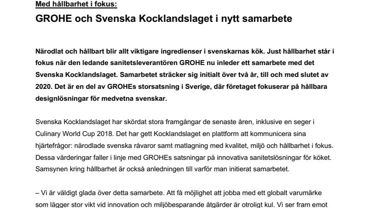 Med hållbarhet i fokus: GROHE och Svenska Kocklandslaget i nytt samarbete