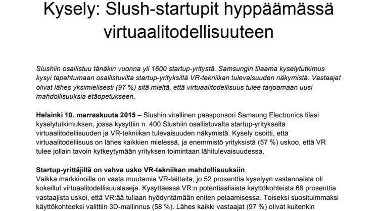 Slush-kysely: Yli puolet startupeista uskoo hyödyntävänsä VR-tekniikkaa lähitulevaisuudessa