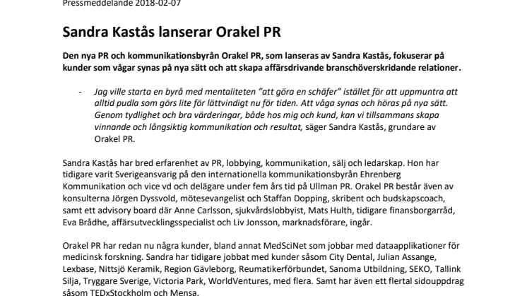 Sandra Kastås lanserar Orakel PR