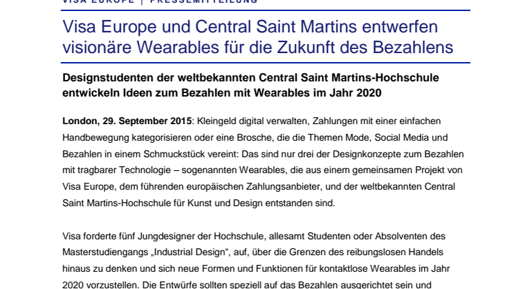 Visa Europe und Central Saint Martins entwerfen visionäre Wearables für die Zukunft des Bezahlens