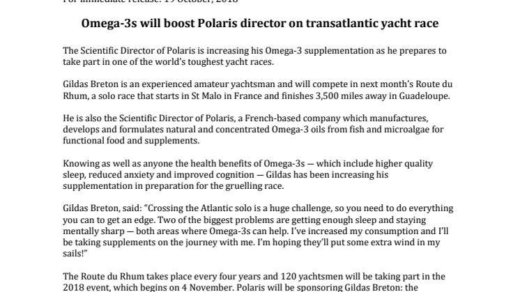 PRESS RELEASE:  Omega-3s will boost Polaris director on transatlantic yacht race