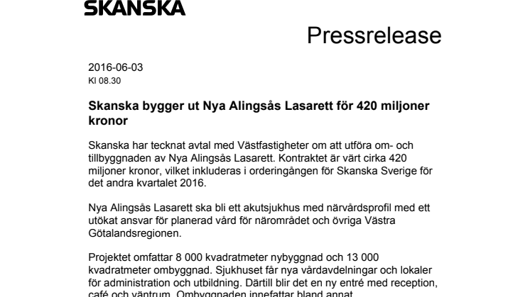 Skanska bygger ut Nya Alingsås Lasarett för 420 miljoner kronor