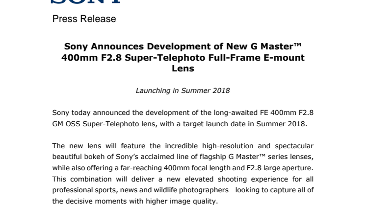 Sony annoncerer udvikling af ny G Master 400mm F2.8 super-telefoto E-mount fuldformatobjektiv 