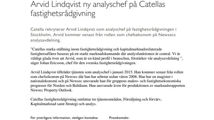 Arvid Lindqvist ny analyschef på Catellas fastighetsrådgivning