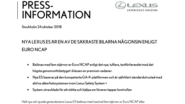 Nya Lexus ES är en av de säkraste bilarna någonsin enligt Euro NCAP