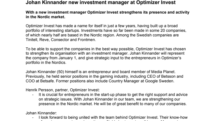 Johan Kinnander new investment manager at Optimizer Invest