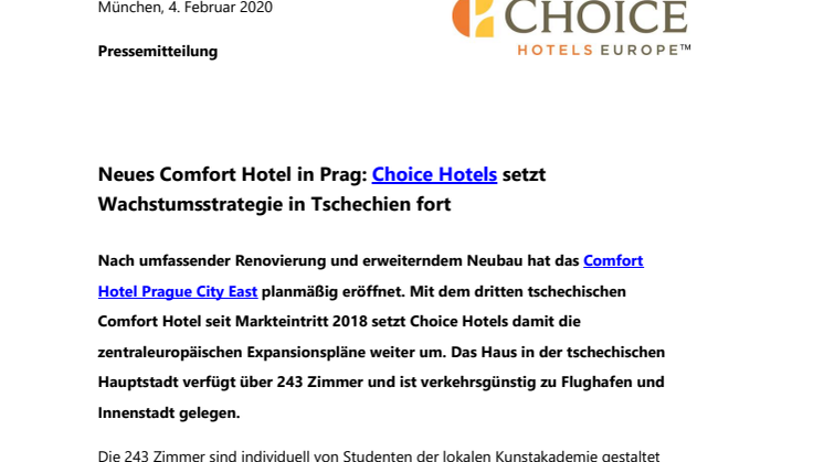Neues Comfort Hotel in Prag: Choice Hotels setzt Wachstumsstrategie in Tschechien fort