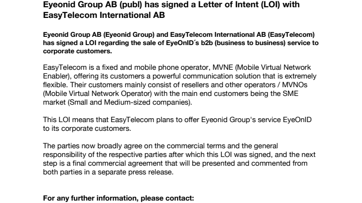 Eyeonid Group AB (publ) has signed a Letter of Intent (LOI) with EasyTelecom International AB