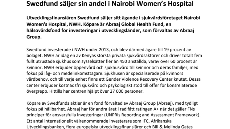 Swedfund säljer sin andel i Nairobi Women’s Hospital