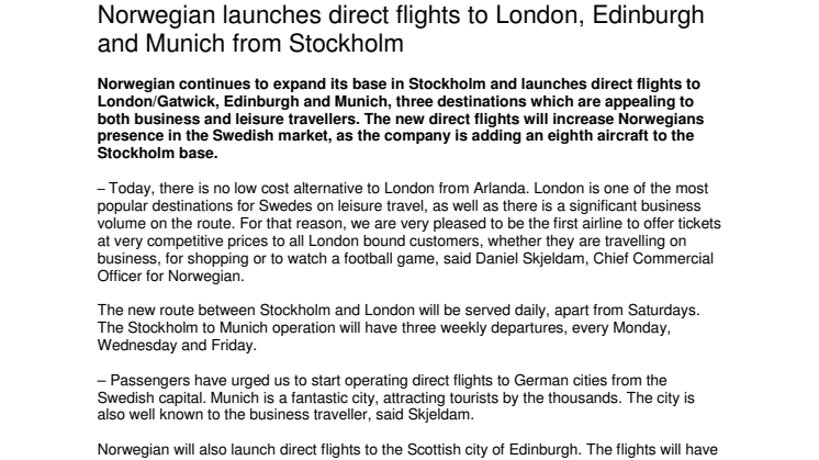 Norwegian launches direct flights to London, Edinburgh and Munich from Stockholm