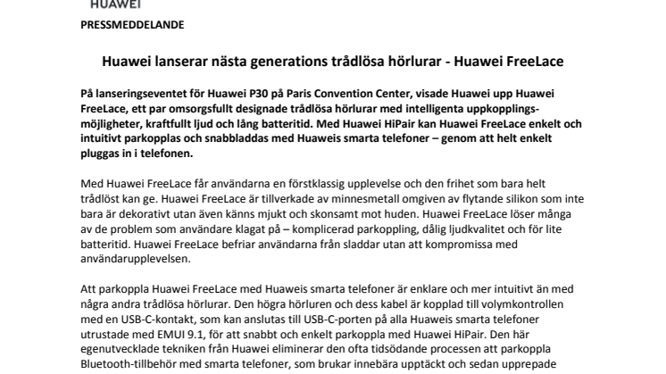 Huawei lanserar nästa generations trådlösa hörlurar - Huawei FreeLace