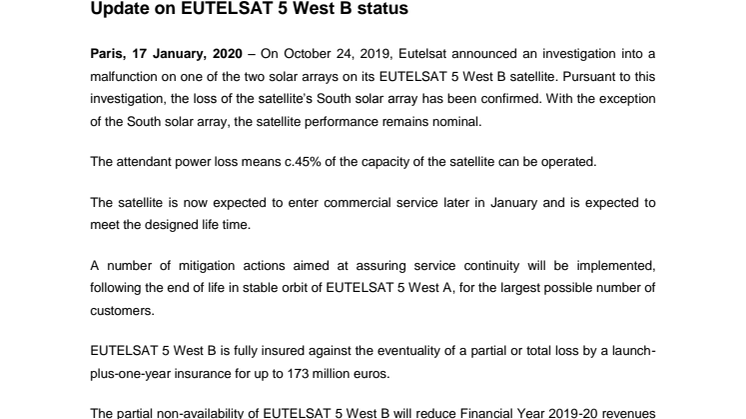 Update on EUTELSAT 5 West B status