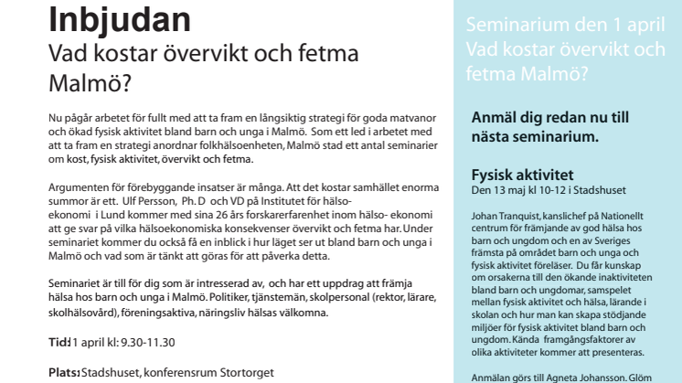 Seminarium - Vad kostar övervikt och fetma Malmö?