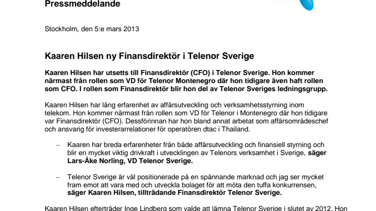 Kaaren Hilsen ny Finansdirektör i Telenor Sverige