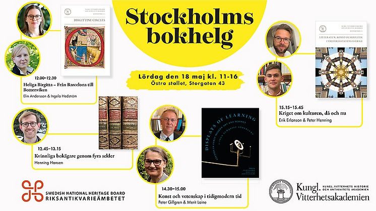 Författarsamtal, visningar av arkivets och bibliotekets magasin samt bokbord på Vitterhetsakademiens bibliotek lördagen den 18 maj under Stockholms bokhelg.