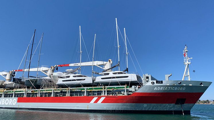 The MV Adriaticborg passing the Suez Canal en route to Asia loaded with Peters & May customer yachts