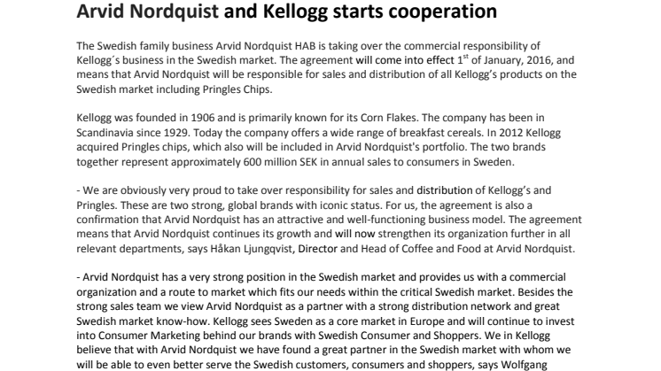 Arvid Nordquist and Kellogg starts cooperation