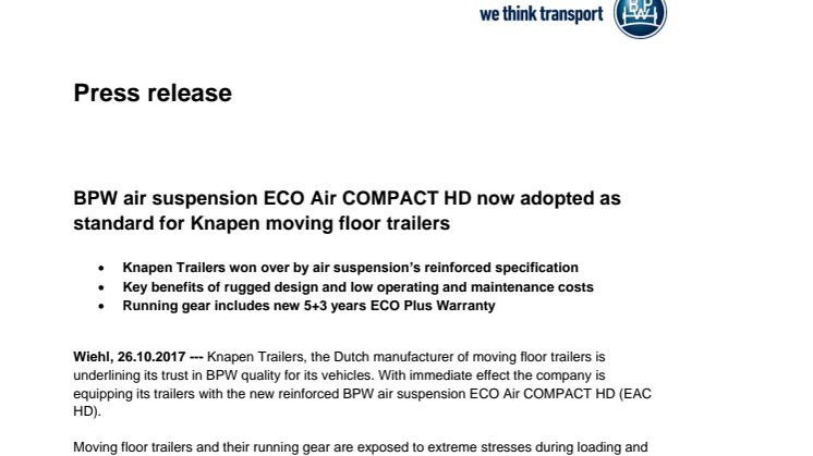 BPW air suspension ECO Air COMPACT HD now adopted as standard for Knapen moving floor trailers