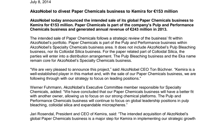AkzoNobel to divest Paper Chemicals business to Kemira for €153 million