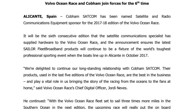 Cobham SATCOM: Volvo Ocean Race and Cobham join forces for the 6th time