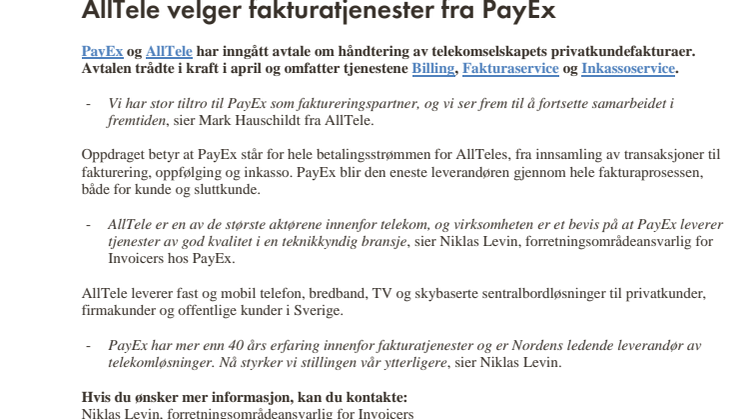 AllTele velger fakturatjenester fra PayEx