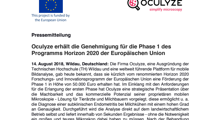 Oculyze erhält die Genehmigung für die Phase 1 des Programms Horizon 2020 der Europäischen Union