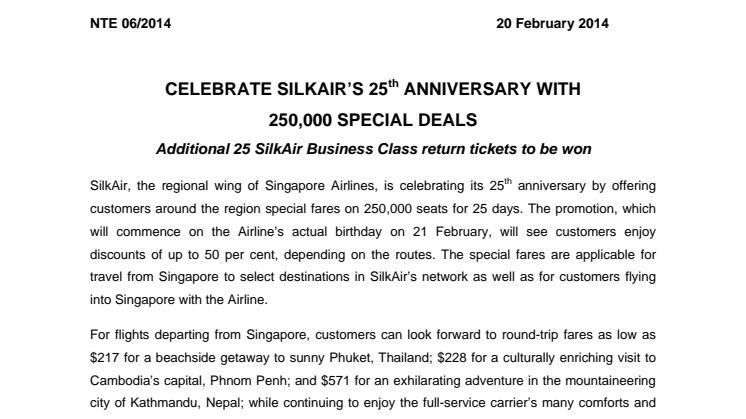 Celebrate SilkAir's 25th Anniversary With 250,000 Special Deals 
