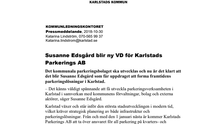 Susanne Edsgård blir ny VD för Karlstads Parkerings AB