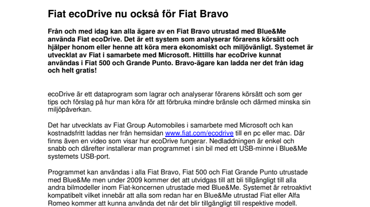 Fiat ecoDrive nu också för Fiat Bravo