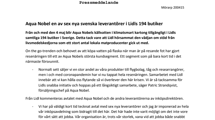 Aqua Nobel en av sex nya svenska leverantörer i Lidls 194 butiker 