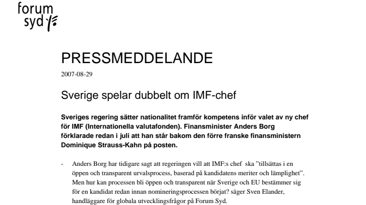 Forum Syd: Sverige spelar dubbelt om IMF-chef