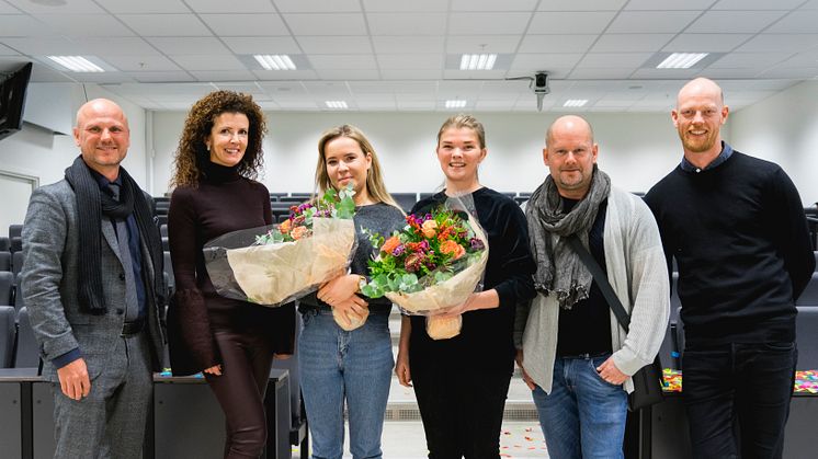 Studentene som skal designe et av møterommene på Clarion Hotel The Hub sammen med juryen for konkurransen. f.v: Andre Schreiner, Anemone Wille Våge, Eilén Benedikte Brenne, Hanne Lassemo Buøen,  Anders Björkén og Eivind Nagel