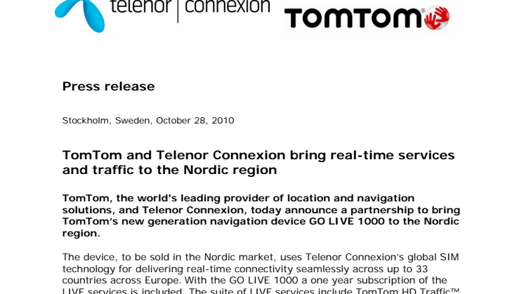 TomTom and Telenor Connexion bring real-time services and traffic to the Nordic region