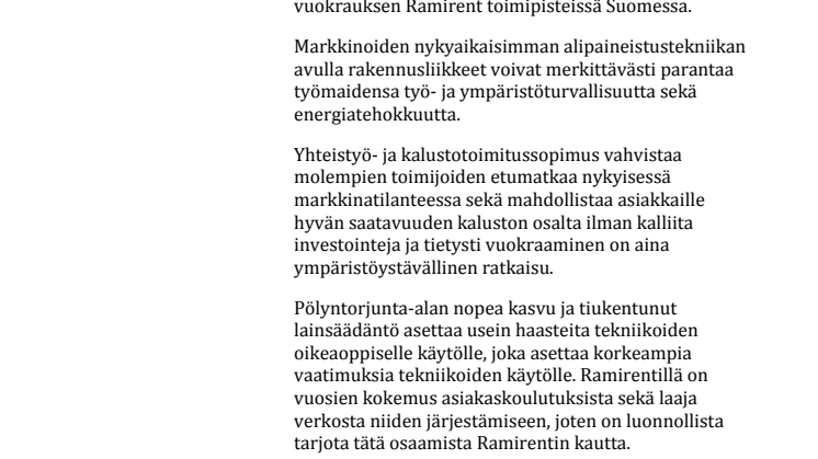 Ramirent Finland Oy ja Strong-Finland tuovat vuokramarkkinoille uutta pölyntorjuntakalustoa