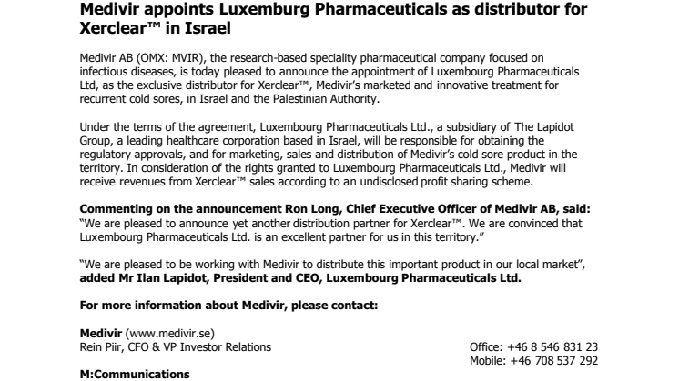 Medivir appoints Luxembourg Pharmaceuticals as distributor for Xerclear™ in Israel 