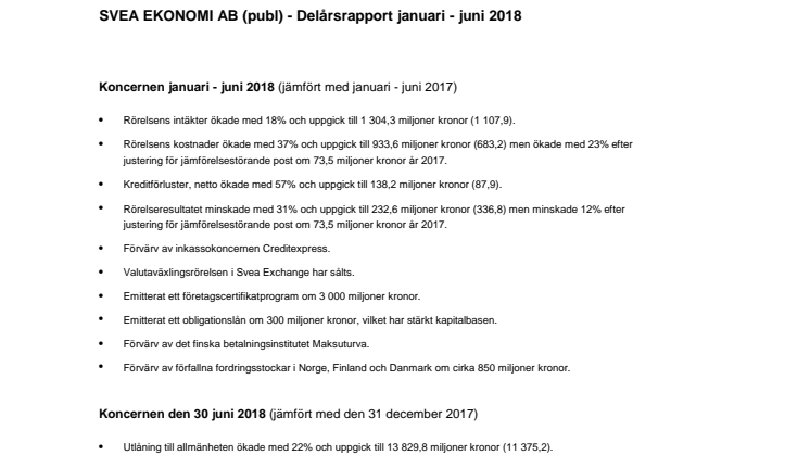Svea Ekonomi AB (publ) offentliggör delårsrapport för perioden 1 januari - 30 juni 2018