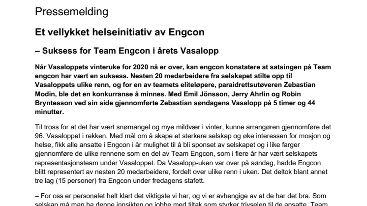 Et vellykket helseinitiativ av Engcon – suksess for Team Engcon i årets Vasalopp