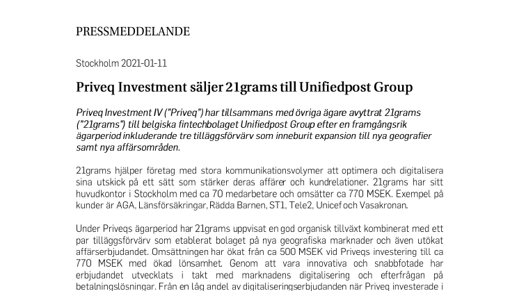 Priveq Investment säljer 21grams till Unifiedpost Group