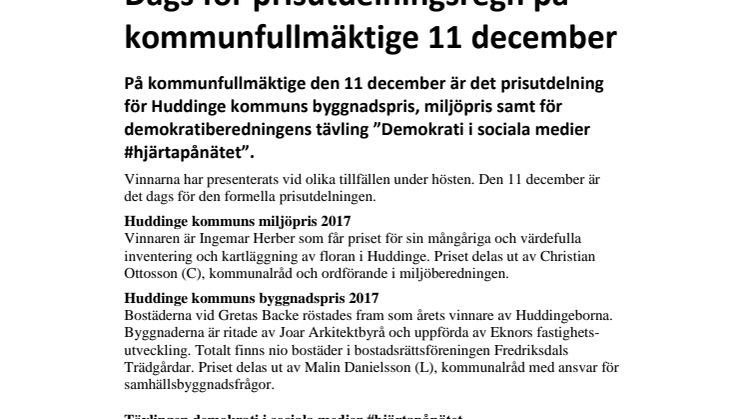 Dags för prisutdelningsregn på kommunfullmäktige 11 december