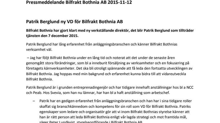 Patrik Berglund ny VD för Bilfrakt Bothnia AB 