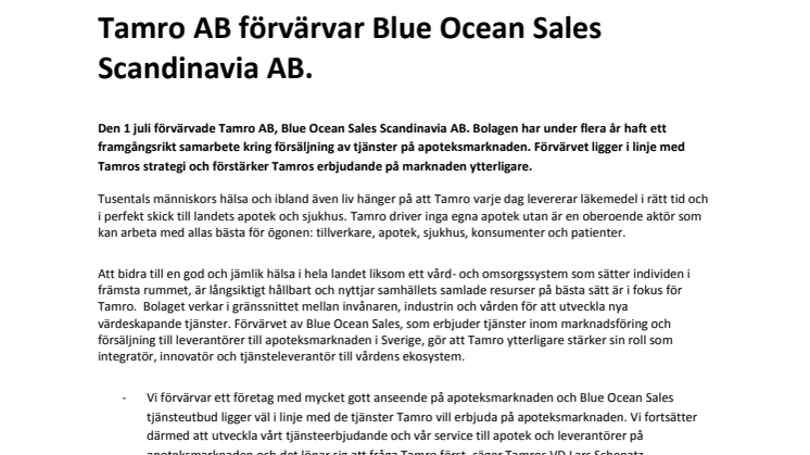 Tamro AB förvärvar Blue Ocean Sales Scandinavia AB