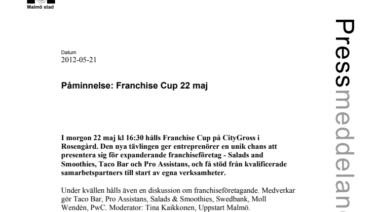 Påminnelse: Franchise Cup i Rosengård 22 maj