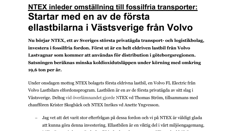 NTEX inleder omställning till fossilfria transporter: Startar med en av de första  ellastbilarna i Västsverige från Volvo 